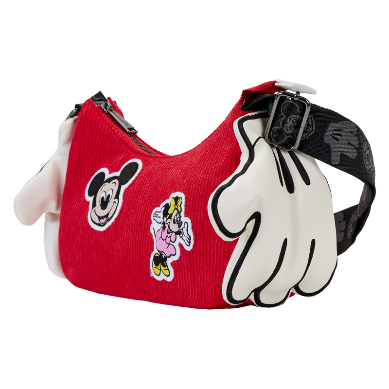 Image of our baguette style Loungefly Disney100 Mickey & Minnie Classic Gloves Crossbody Bag featuring red corduroy material and puffed Mickey gloves on either end of the bag